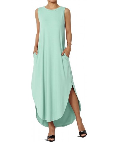 S~3X Sleeveless Loose Plain Curved Slit Hem Long Maxi Dress w Pocket Light Green Brushed Dty $11.89 Dresses