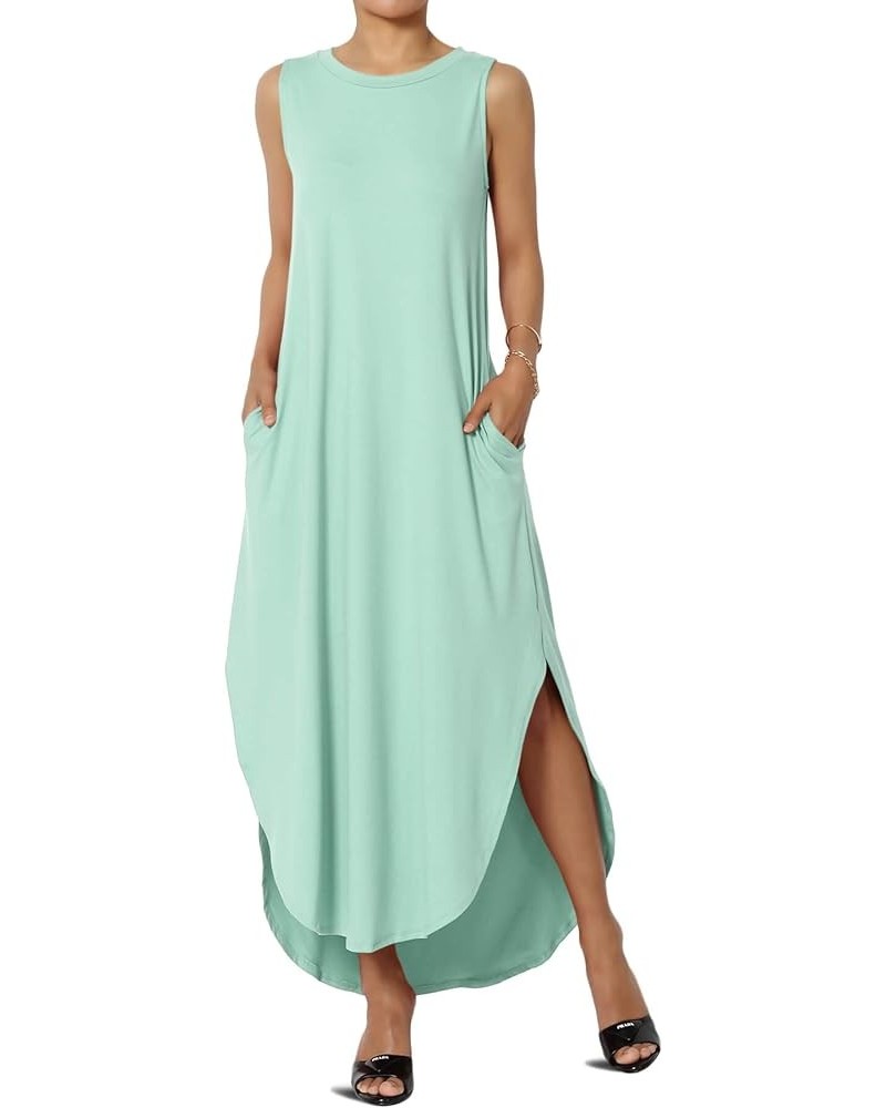 S~3X Sleeveless Loose Plain Curved Slit Hem Long Maxi Dress w Pocket Light Green Brushed Dty $11.89 Dresses