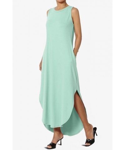 S~3X Sleeveless Loose Plain Curved Slit Hem Long Maxi Dress w Pocket Light Green Brushed Dty $11.89 Dresses