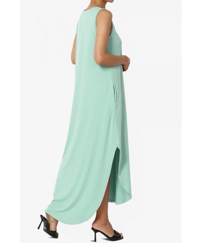 S~3X Sleeveless Loose Plain Curved Slit Hem Long Maxi Dress w Pocket Light Green Brushed Dty $11.89 Dresses