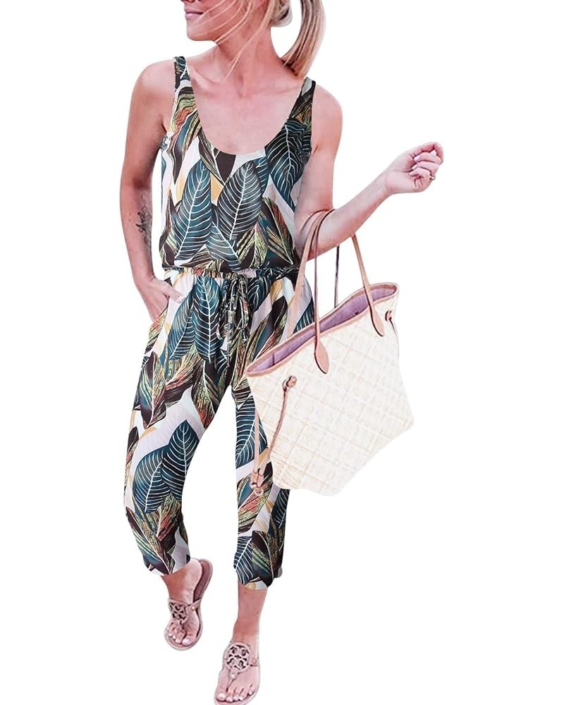 Women's Causal Tank Jumpsuits Sleeveless Drawstring Elastic Waist Loose Summer Romper Outfits with Pockets 01-leaf Print $15....