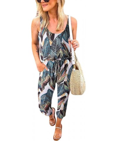 Women's Causal Tank Jumpsuits Sleeveless Drawstring Elastic Waist Loose Summer Romper Outfits with Pockets 01-leaf Print $15....