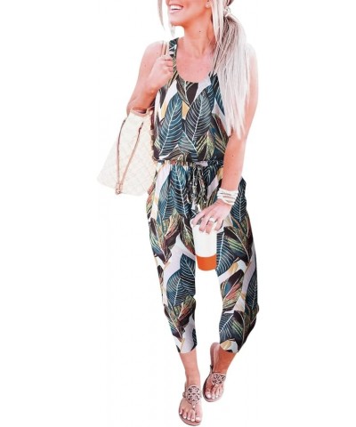 Women's Causal Tank Jumpsuits Sleeveless Drawstring Elastic Waist Loose Summer Romper Outfits with Pockets 01-leaf Print $15....