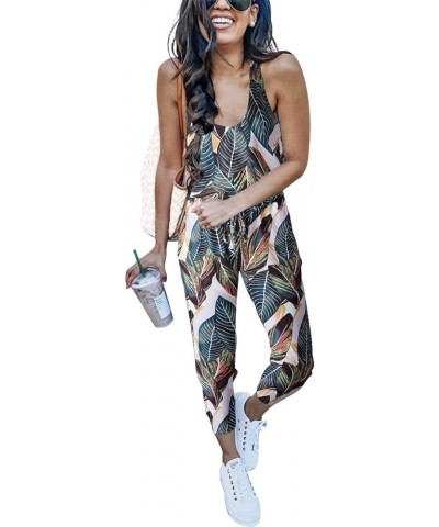 Women's Causal Tank Jumpsuits Sleeveless Drawstring Elastic Waist Loose Summer Romper Outfits with Pockets 01-leaf Print $15....