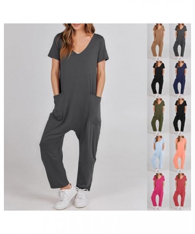 Jumpsuits for Women Short Sleeve V Neck Overalls Trendy One Piece Romper Loose Tee Onesie Harem Overalls with Pocket A-green ...