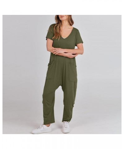 Jumpsuits for Women Short Sleeve V Neck Overalls Trendy One Piece Romper Loose Tee Onesie Harem Overalls with Pocket A-green ...