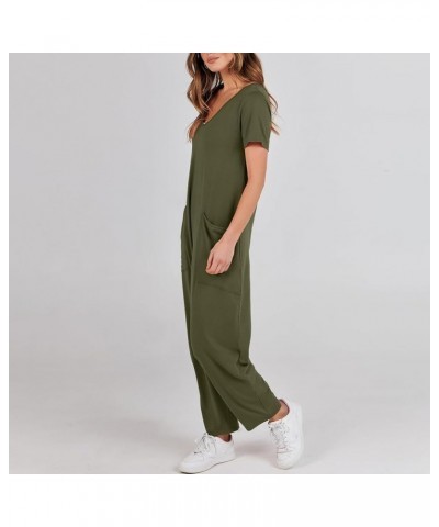 Jumpsuits for Women Short Sleeve V Neck Overalls Trendy One Piece Romper Loose Tee Onesie Harem Overalls with Pocket A-green ...