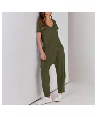 Jumpsuits for Women Short Sleeve V Neck Overalls Trendy One Piece Romper Loose Tee Onesie Harem Overalls with Pocket A-green ...