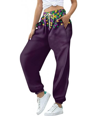 Mardi Gras Pants for Women 2024 Fashion Lounge Feastival Printed Pants Drawstring Jogger Sweat Pant with Pocket C-dark Purple...