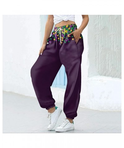 Mardi Gras Pants for Women 2024 Fashion Lounge Feastival Printed Pants Drawstring Jogger Sweat Pant with Pocket C-dark Purple...