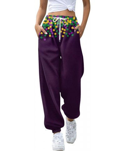 Mardi Gras Pants for Women 2024 Fashion Lounge Feastival Printed Pants Drawstring Jogger Sweat Pant with Pocket C-dark Purple...