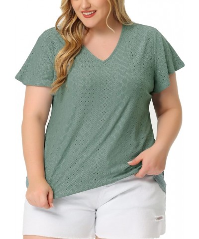 Women's Plus Size 2024 Summer Tee V Neck Hollow Flare Short Sleeve Casual Top Tunics Green $15.30 T-Shirts