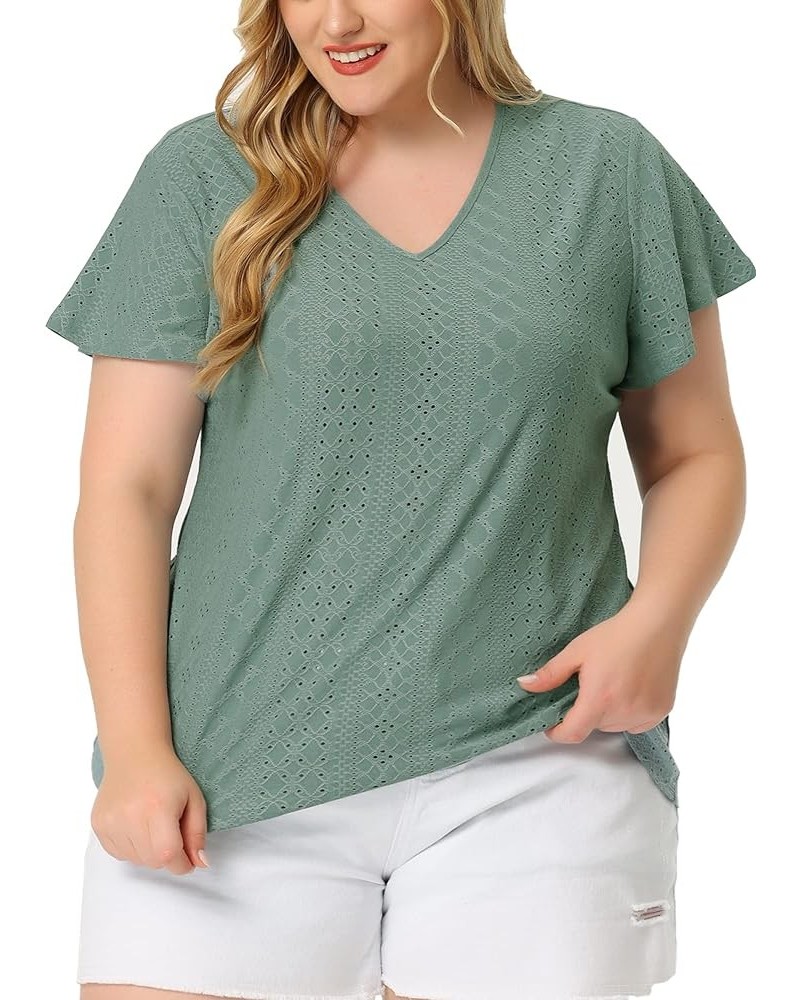 Women's Plus Size 2024 Summer Tee V Neck Hollow Flare Short Sleeve Casual Top Tunics Green $15.30 T-Shirts