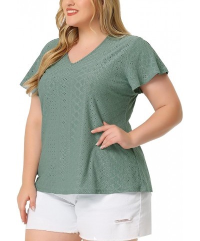 Women's Plus Size 2024 Summer Tee V Neck Hollow Flare Short Sleeve Casual Top Tunics Green $15.30 T-Shirts