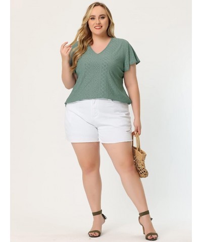 Women's Plus Size 2024 Summer Tee V Neck Hollow Flare Short Sleeve Casual Top Tunics Green $15.30 T-Shirts