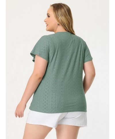 Women's Plus Size 2024 Summer Tee V Neck Hollow Flare Short Sleeve Casual Top Tunics Green $15.30 T-Shirts