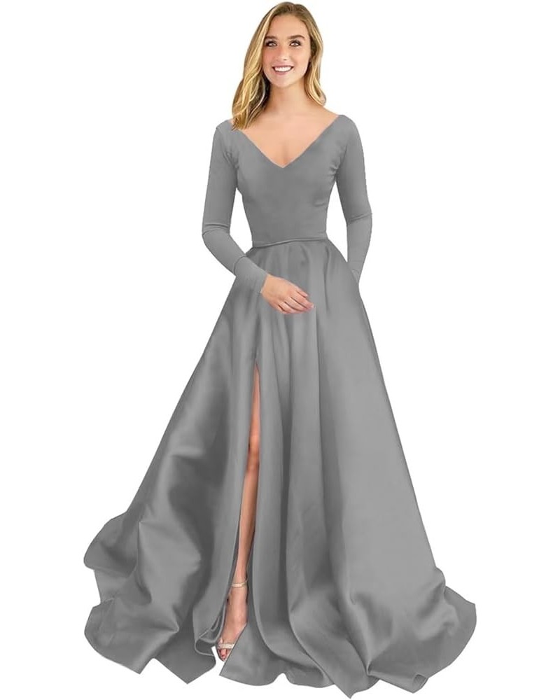 Long Sleeve Velvet Prom Dresses V Neck A-Line Formal Gowns Satin Evening Dress with Pockets Grey $37.40 Dresses