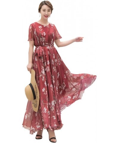 Women's Short Sleeve Floral Bohemian Maxi Dress Burgundy Flowers $24.74 Dresses