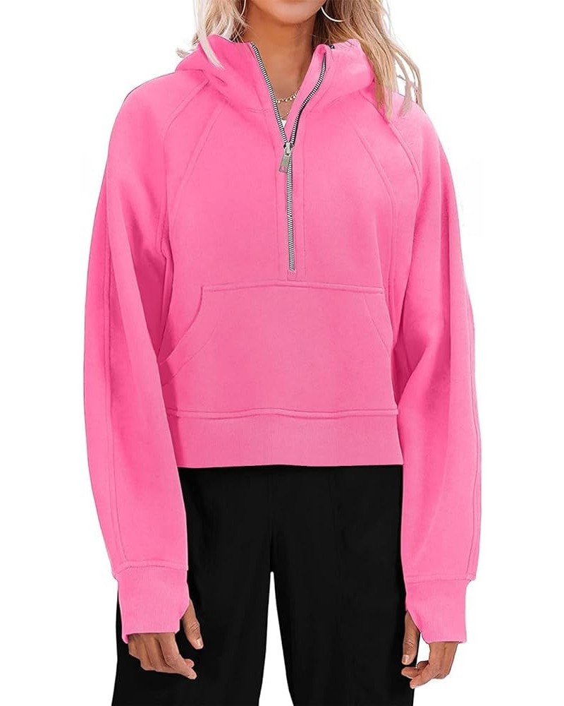 Womens Hooded Pullover Sweatshirts Half Zipper Crop Hoodie Fleece Lined Collar Zip Up Hoodies Cropped Long Sleeve Tops Pink $...