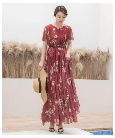 Women's Short Sleeve Floral Bohemian Maxi Dress Burgundy Flowers $24.74 Dresses