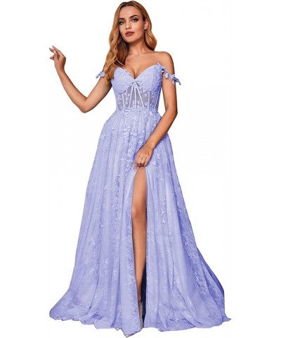 Lace Applique Tulle Prom Dresses for Women Long Spaghetti Straps Formal Evening Party Gown Ball Gown with Slit Lavender $49.2...