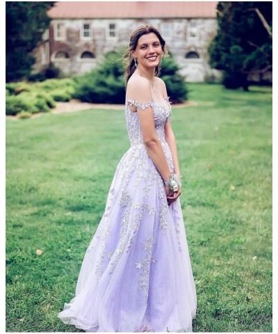 Lace Applique Tulle Prom Dresses for Women Long Spaghetti Straps Formal Evening Party Gown Ball Gown with Slit Lavender $49.2...