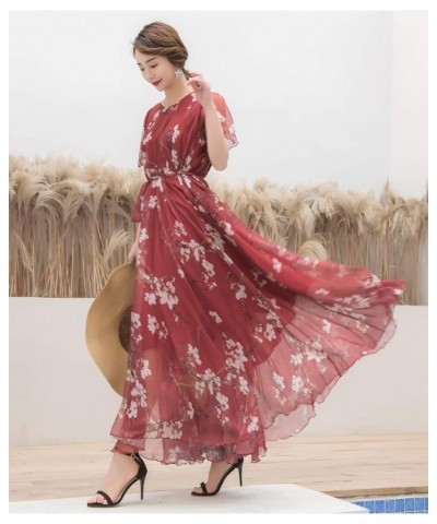 Women's Short Sleeve Floral Bohemian Maxi Dress Burgundy Flowers $24.74 Dresses