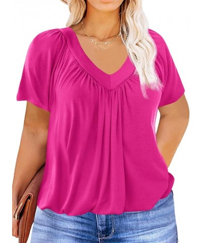 Womens Plus Size T Shirts Pleated V Neck Short Sleeve Tops Casual Summer Loose Fit Tees with Elastic Hem Hot Pink $11.74 T-Sh...