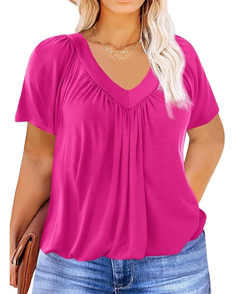 Womens Plus Size T Shirts Pleated V Neck Short Sleeve Tops Casual Summer Loose Fit Tees with Elastic Hem Hot Pink $11.74 T-Sh...