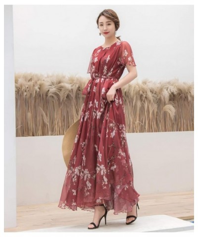 Women's Short Sleeve Floral Bohemian Maxi Dress Burgundy Flowers $24.74 Dresses