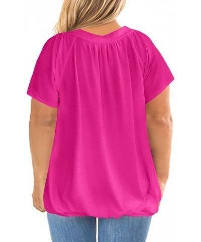 Womens Plus Size T Shirts Pleated V Neck Short Sleeve Tops Casual Summer Loose Fit Tees with Elastic Hem Hot Pink $11.74 T-Sh...