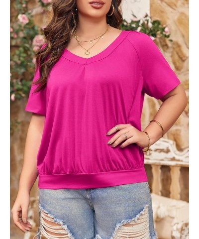 Womens Plus Size T Shirts Pleated V Neck Short Sleeve Tops Casual Summer Loose Fit Tees with Elastic Hem Hot Pink $11.74 T-Sh...