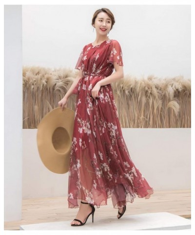 Women's Short Sleeve Floral Bohemian Maxi Dress Burgundy Flowers $24.74 Dresses