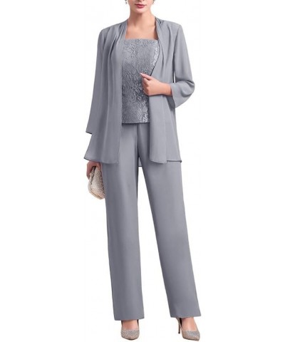 Mother of The Bride Pant Suits 3 Pieces Lace Mother of The Bride Dresses Outfit Set Wedding Guest Dress Chiffon Grey $34.44 S...