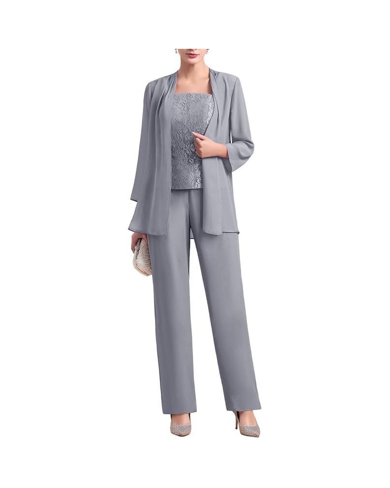 Mother of The Bride Pant Suits 3 Pieces Lace Mother of The Bride Dresses Outfit Set Wedding Guest Dress Chiffon Grey $34.44 S...