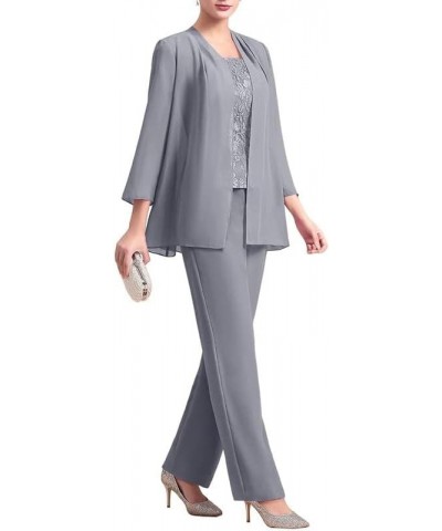 Mother of The Bride Pant Suits 3 Pieces Lace Mother of The Bride Dresses Outfit Set Wedding Guest Dress Chiffon Grey $34.44 S...