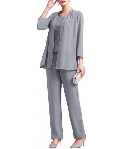 Mother of The Bride Pant Suits 3 Pieces Lace Mother of The Bride Dresses Outfit Set Wedding Guest Dress Chiffon Grey $34.44 S...