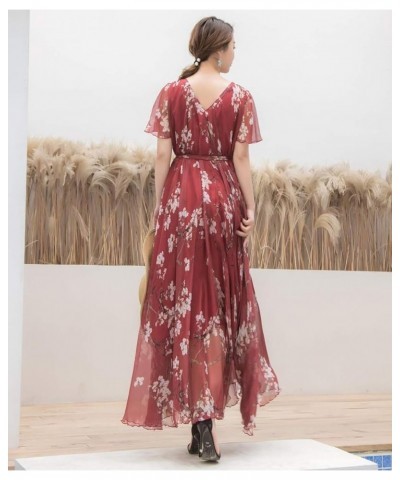 Women's Short Sleeve Floral Bohemian Maxi Dress Burgundy Flowers $24.74 Dresses