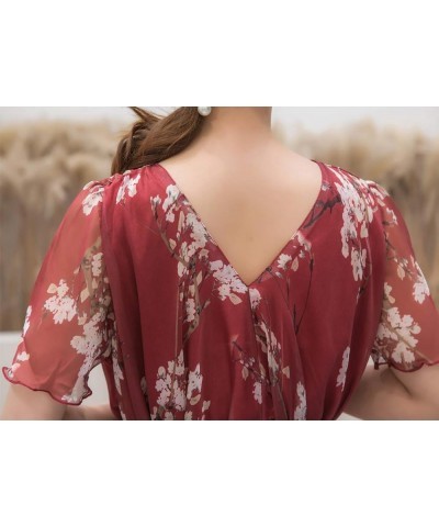 Women's Short Sleeve Floral Bohemian Maxi Dress Burgundy Flowers $24.74 Dresses