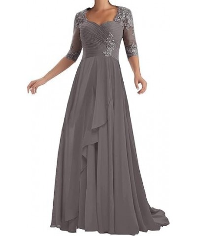 Long Mother of The Bride Dresses with Sleeve Chiffon Lace Applique A-Line Formal Evening Dresses Wedding Guest Grey $45.37 Dr...