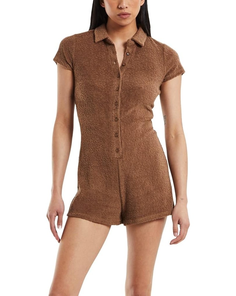 Women Y2K Short Sleeve Jumpsuit Sexy V Neck Buttons Bodycon Rompers Shorts Knitted One Piece Bodysuit Overall Brown-2 $10.07 ...