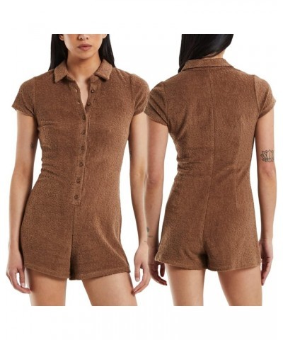 Women Y2K Short Sleeve Jumpsuit Sexy V Neck Buttons Bodycon Rompers Shorts Knitted One Piece Bodysuit Overall Brown-2 $10.07 ...