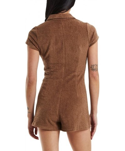 Women Y2K Short Sleeve Jumpsuit Sexy V Neck Buttons Bodycon Rompers Shorts Knitted One Piece Bodysuit Overall Brown-2 $10.07 ...