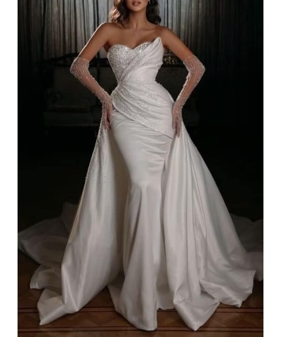 Mermaid Wedding Dresses with Slit Long Satin Beaded Sequins Sweetheart Detachable Train Dresses DR0108-05 05 Ivory $54.41 Dre...