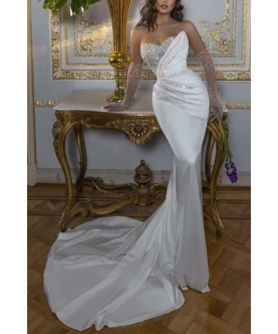 Mermaid Wedding Dresses with Slit Long Satin Beaded Sequins Sweetheart Detachable Train Dresses DR0108-05 05 Ivory $54.41 Dre...