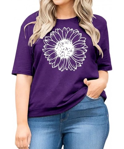 Plus Size Women’s Summer Sunflower T Shirt Flower Graphic Oversized Tee Crew Neck Short Sleeve Casual Loose Tops Purple $12.5...