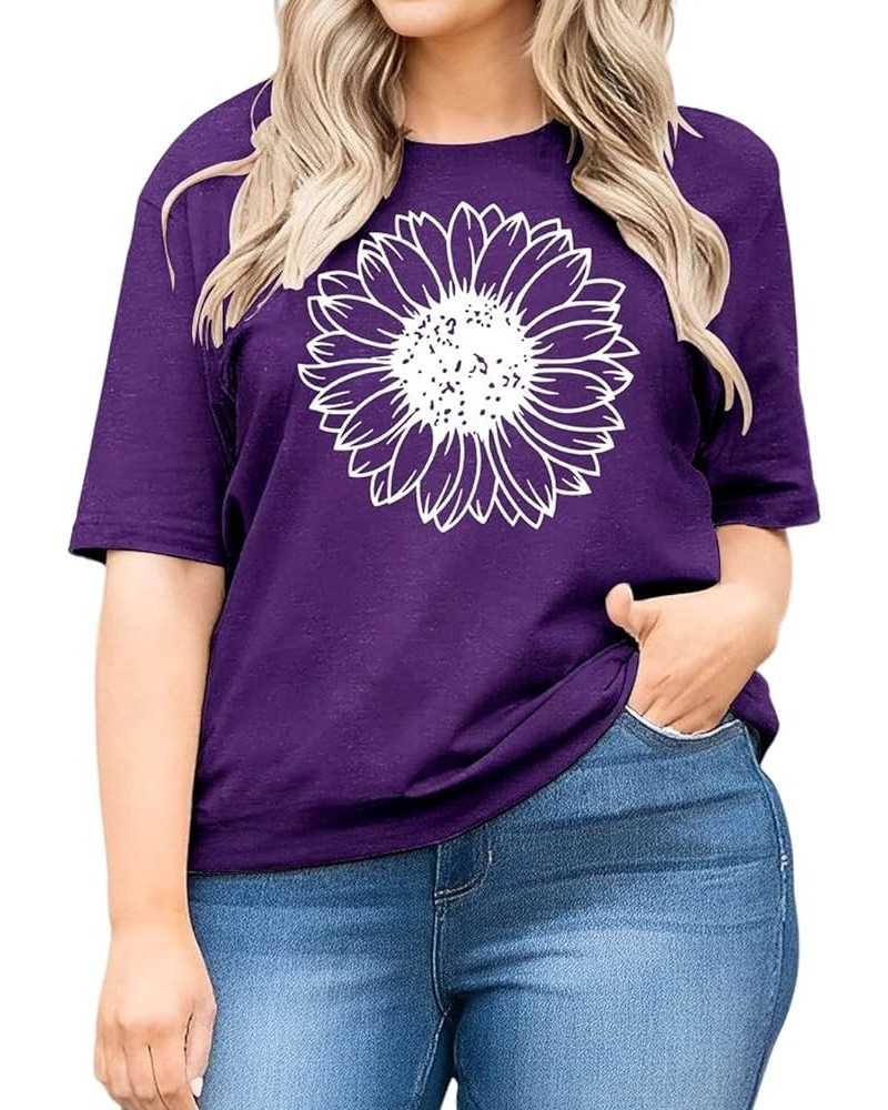 Plus Size Women’s Summer Sunflower T Shirt Flower Graphic Oversized Tee Crew Neck Short Sleeve Casual Loose Tops Purple $12.5...