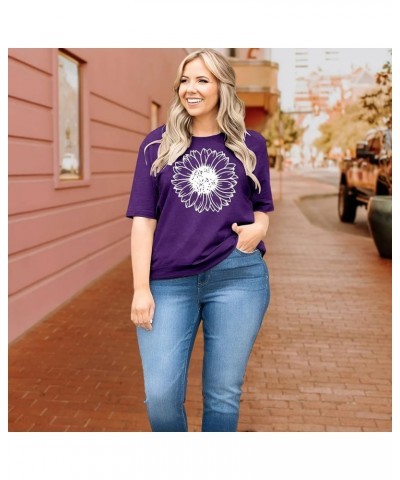 Plus Size Women’s Summer Sunflower T Shirt Flower Graphic Oversized Tee Crew Neck Short Sleeve Casual Loose Tops Purple $12.5...