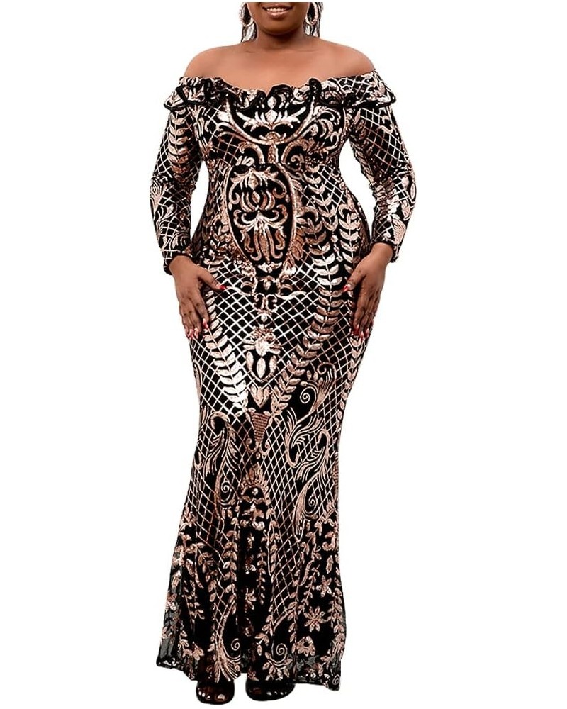 Women's Plus Size Sequin Dress Off Shoudler Long Sleeve Party Prom Formal Mermaid Maxi Dresses Gowns Gold $44.19 Dresses