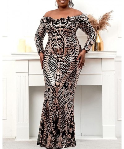 Women's Plus Size Sequin Dress Off Shoudler Long Sleeve Party Prom Formal Mermaid Maxi Dresses Gowns Gold $44.19 Dresses